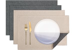 Banchif Manteles Individuales Lavables Juego de 4 Manteles Individuales de Lino Antideslizantes Manteles Individuales de Doble Cara (Rectangular, Gris-Gris-Beige)