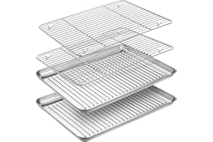 WILDONE Baking Tray & Rack Set [2 Sheets + 2 Racks], Stainless Steel Non Stick Oven Tray with Rack, Large Cookie Sheet Pan for Baking Cooking, Heavy Duty, Easy Clean, Dishwasher Safe (9 x 7 x 1 inch)