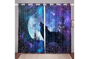 feelingyou Heulender Wolf Fenstervorhang 245x140cm Bright Moon Mysterious Universe Vorhänge für Kinder Jungen Mädchen Gedrucktes Sternenhimmel Tier Gardine 2er-Set Fenster Vorhänge