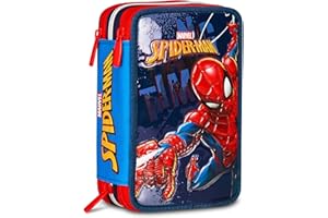 Seven Spiderman Astuccio Scuola 3 Zip, Blu, Portapenne Triplo Scomparto Completo Di Penne, Matite, Colori, Accessori Zaino, Scuole Elementari, Bambino