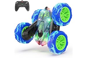 BEZGAR LED Remote Control Cars - 2.4GHz Double Sided Stunt Car, 360° Flips Rotating 4WD RC Car, Indoor & Outdoor Fun Rechargeable Toy Gifts for Boys Kids Girls, TD203 Blue