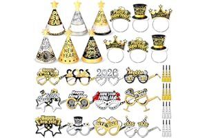 DPKOW 36 Piezas Bolsas Cotillon Fin de Año 2026 Sombreros Gafas Diademas Nochevieja Foto Props Accesorios, Negro Oro Plata 2026 Fin de Año Gafas Diademas Happy New Year 2026 Photocall Accesorios