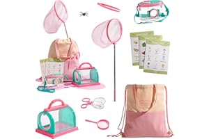 ROBUD Kids Outdoor Explorer Kit, Bug Catching Adventure Set with Butterfly Net, Magnifying Glass, Kids Binoculars, Bug Container, Carry Bag, Educational Toys Gift for Toddler Ages 3+ (Pink-8pcs)