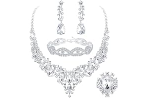 JeweBella 5PCS Bridal Wedding Jewellery Set for Women Crystal Teardrop Cluster Necklace Dangle Earrings and Zircon Bracelet Ring Set Wedding Engagement Bridesmaid Costume Dress Prom Jewellery