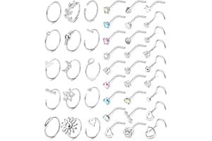 JeweBella Nose Ring and Nose Stud Set for Women Men Surgical Steel Hypoallergenic Silver Nose Studs L Shape Nose Screw Nose Rings Classical CZ Small Lip Ring Silver Nose Piercing Jewellery Set