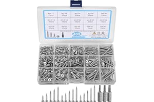 HUIFOO Zestaw 405 sztuk wkrętów samogwintujących, wkręty do drewna, stal nierdzewna, 3 sztuki bitów M3/M3,5/M4, 12 mm/16 mm/20 mm/25 mm/30 mm/35 mm, wkręty samowiercące ze stali nierdzewnej