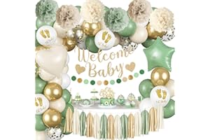 PAEYEQ Sage Green Baby Shower Decorations, Welcome Baby Banner Olive Green Gold White Sand Confetti Latex Foil Balloons with Oh Baby Cake Topper Pom Poms Tassels for Boho Neutral Gender Reveal Party Supplies