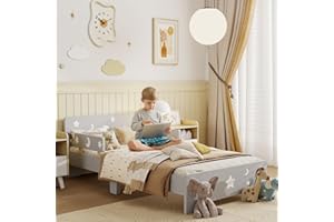 ZONEKIZ Kids Toddler Bed Children's Bedroom Furniture w/Star and Moon Patterns, Side Rails, for Boys, Girls, Ages 3-6 Years, 143 x 76 x 49cm - Grey