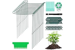 HEDMON 10 Stück Verstellbare Pflanzenstütze 60CM Hoch Metall, Staudenhalter Halbrund Groß Plant Holder, Grün Pflanzenringe zur Fixierung, Blumenstütze Zimmerpflanzen Rankhilfe mit 20 Stück Pflanzenklammern