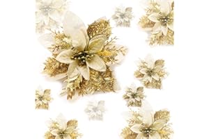 RNAIRNI 24 Stücke Weihnachten Funkeln Weihnachtsstern Blumen mit Clips Künstliche Weihnachten Blumen Glitzer Weihnachtsblume Hochzeit Weihnachtsbaum Weihnachtstürkranz Neujahr Ornamente