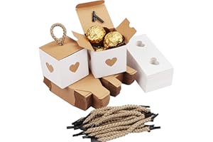 Belle Vous Lot de 50 Petite Boite Cadeau Blanche et Marron avec Coeurs - 5,5 x 5,5 x 5,5 cm - Boite Papier Kraft pour Anniversaire, Gouter, Naissances - Boite Dragée pour Mariages