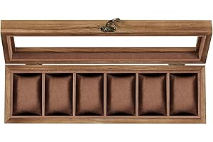 SONGMICS JOW006K01 Pudełko na zegarki z 6 przegródkami, etui z litego drewna, pudełko na zegarki z wyjmowanymi poduszkami, pomysł na prezent, rustykalny orzech