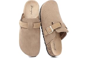 YUHITYGZGS Corduroy Clogs Fuzzy Women Men Mules with Back Strap, Leather Closed Toe Sandals, Soft Cork Footbed Adjustable Buckle Potato Shoes, Memory Foam Fleece-Lined Warm Slippers