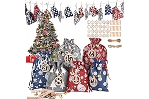 MHwan Calendario Adviento para Rellenar, 24 Piezas Calendario de Adviento para Rellenar En Tela de Yute, Hermosas y Exquisitas Calendario Adviento Vacio con Números de Madera, Clips de Cordel y Madera