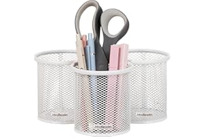Mind Reader Soporte para bolígrafos y accesorios, organizador de escritorio, oficina, malla metálica, 3.5 pulgadas de largo x 3.5 pulgadas de ancho x 3.75 pulgadas de alto, juego de 3, color blanco