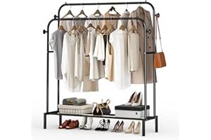 JOISCOPE portant à vêtements avec 2 tringles à vêtements, porte-manteau multifonctionnel en métal avec 1 étagère et 4 crochets, adapté à la chambre et au salon, Noir