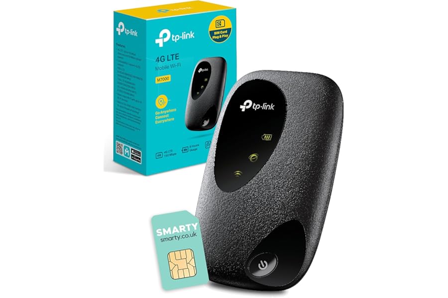 TP-Link M7000 4G MiFi Router, Portable Travel wifi Router with SIM Card Slot, Unlocked LTE-Advanced Cat4 Mobile WiFi Hotspot Dongle, 8 hours wireless connection, Caravan wi-fi, High Compatibility