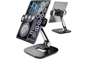 AboveTEK Stojak na tablet, stylowe aluminiowe stojaki na iPada, składany, obracany o 360°, na iPada, iPhone'a, pasuje do tabletów 4-11 cali, do kuchni, przy łóżku, biura, salonu POS, recepcji, czarny