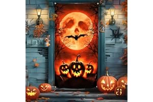 GOVPY Happy Halloween Tür Deko Banner, Große Halloween Türabdeckung, Orange Stoff Kürbis Mond Hängende Türdeko Hintergrund Schild Banner für Innen Draußen Halloween Party Spukhaus Wand Deko, 90 X 185 cm