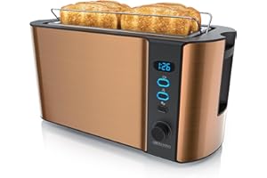 arendo - Grille Pain 2 Larges Fentes 4 tranches écran Digital - Grille-Pain Automatique 3en1-1500W - 6 Niveaux réglables décongélation réchauffe viennoiseries Plateau à miettes -Toaster Cuivre