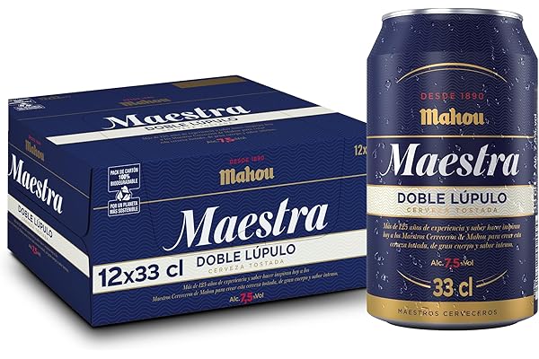 Mahou Maestra Doble Lúpulo, Pack de 12 Latas x 33 cl, Cerveza Tostada Lager Sabor Intenso y Espuma Cremosa, 7.5% Volumen de Alcohol