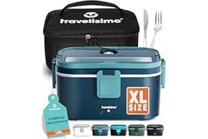 TRAVELISIMO XL Gamelle Chauffante Grande Capacité 1,8L Lunch Box Chauffante 80W Boite Repas Chauffante 3 en 1 220V 24V 12V, Boite Chauffante Repas, Chauffe Gamelle Electrique, Acier Inoxydable