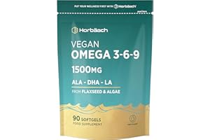 HORBÄACH Vegan Omega 3 6 9 Capsules | 1500mg | 90 Softgels | High Strength Oil from Flaxseed and Algae | ALA DHA and LA | by Horbaach