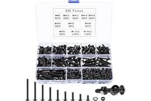 SZSLMY 630 Pcs M4 Assorted Bolts and Nuts Set, Machine and Set with Washers, Flat Head Washer Cross Head Screws Bolts Nuts Assortment Kit, Black Thread Fastener Screws and Nuts
