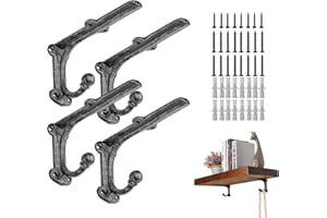 ChasBete Heavy Duty Shelf Brackets & Supports, Black Shelf Bracket with Hook, Rustic Iron Brackets for Shelves 15*8.5 cm - 4 Pcs