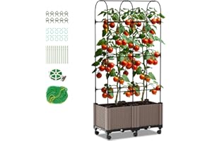 ‎SUNYRISY SUNYRISY 2 Stück Hochbeet mit Tomaten Rankhilfe, Blumenkasten mit Rankgitter und Rollenrad, Pflanzkasten Pflanzkübel mit Garten Obelisk für Anbau Kletterpflanzen Tomate Gurken Rosen
