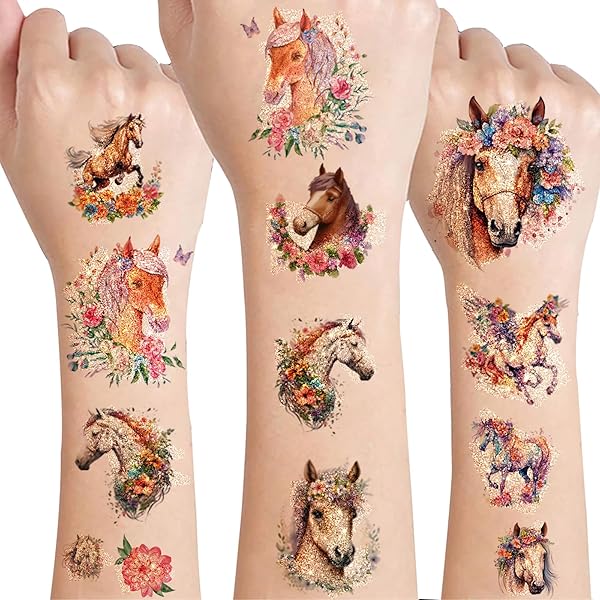 Pferde Tattoos 10 Blätter - Temporäre Tattoos Für Pferdefans, Wasserfest & Kinderfreundlich