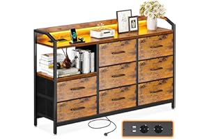 ODK Komoda z szufladami, szafa z szufladami z paskami świetlnymi LED, 10 regulowanych kolorów i 2 gniazdami USB i 2 gniazdami AC, 8 szuflad z materiału, do salonu, sypialni, komoda, 110 x 30 x 88 cm