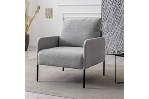 WAHSON OFFICE CHAIRS Wahson Fotel tapicerowany z metalowymi nogami, nowoczesne krzesło do salonu z podłokietnikami, fotel z tkaniny lnianej do sypialni/salonu (szary)