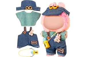 Chritice 4 Stück Puppenkleidungs Set für Puppe,Kompatibel mit Labubu,Hut,Innenfutter,Hose & Wasserflasche Puppenzubehör Vinyl Plüschtier Niedlich Outfit Accessoires für Puppen