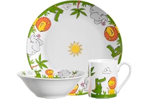 LEONARDO HOME Bambini Kinder Geschirr-Set 3-teilig - Kinder-Geschirr aus hochwertigem Porzellan - Spülmaschinenfest, mikrowellengeeignet, robust - Mit Tier-Motiven Löwe, Elefant, Krokodil, 023152