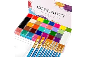 CCbeauty Professional Face Paint Kit with Brushes 36 Colors(22 Regular,8 Metallic and 6 Glow Color) Halloween Neon Body Paint Oil Based SFX Cosplay Large Black White Face Painting Palette