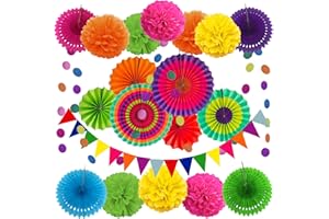 ZERODECO Party Decoration, 21 Pcs Multi-color Hanging Paper Fans Pom Poms Flowers Garlands String Polka Dot and Triangle Bunting Flags for Birthday Parties Wedding Décor Fiesta or Mexican Party
