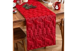 Artscope Christmas Tree and Elk Soft Plush Faux Fur Jacquard Xmas Table Runner, Seasonal Holiday Dining Table Decoration for Home Party Decor 40x180cm (Red)