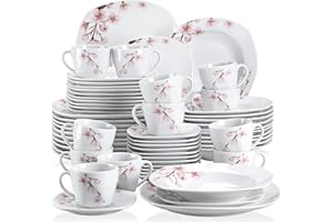 VEWEET, Seria Annie, 60 szt. porcelanowy zestaw zastawy stołowej z różowym kwiatowym wzorem, zestawy białych talerzy i misek, w tym talerze obiadowe, talerze deserowe, zestaw talerzy do zupy, kubków i