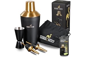 BARMINGO Shaker Cocktail Kit | 5 Pièces, Volume de 500 ml, Noir - Or | Shaker Cocktail Inox avec Accessoires de Bar | Set Barman Cocktail Shaker | Kit Cocktail Professionnel