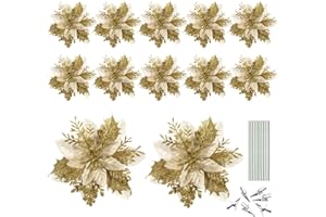 Toyvian Natale Fiori Artificiali 12Pcs Oro Artificiale Floreale per Albero Di Natale con Clip E Steli Di Natale Ornamenti Floreali| 15X15cm