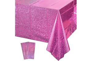 GRESATEK 2PCS Iridescent Party Tablecloth,Hot Pink Laser Table Cover Plastic Holographic Foil Table Cloth Pink Purple for Outdoor Picnic Birthday Baby Shower Wedding Party Decorations 137 x 274cm