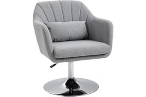 HOMCOM Swivel Linen Fabric Accent Chair for Living Room Contemporary Vanity Armchair with Adjustable Height Thick Cushion Lumbar Support Armrest for Bedroom Office Light Grey
