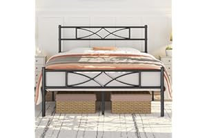 Yaheetech 4ft6 Double Bed Frames Metal Slatted Bed Platform with Curved Design Headboard and Footboard, Under-bed Storage, No Box Spring Needed, 12 Built-in Steel Slats, Black