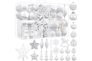‎SHARECONN SHareconn 100 Stück Weihnachtskugeln Kunststoff Set, Bruchsicher Christbaumkugeln mit Haken, Weihnachtsbaum Kugeln Deko in verschiedenen Größen und Ausführungen, Weihnachtsdeko Aussen Innen, Weiß