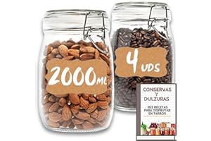 MUNDOTARROS 4 Tarros de Cristal Herméticos 2000 ml – Tarros herméticos de Almacenamiento para Alimentos, Conservación Fresca y Organizada - Incluye Etiquetas + Ebook de 102 Recetas (2 litros)