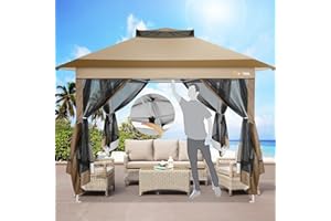 HOTEEL Gartenpavillon 3x3, Pop Up Pavillon Mit Moskitonetz, Pavillon 3x3 Wasserdicht Stabil Winterfest, Faltpavillon 3x3, Pavillon Faltbar mit Sandsack für Hinterhof, Partys, Rasen, Terrasse(Braun)