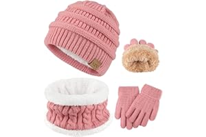 VZV 3 Wintermütze Kinder Schal Handschuhe Set, Mädchen Strickmütze Winterschal Thermo Fleecefutter Handschuhe für Jungen Mädchen 2-10 Jahre