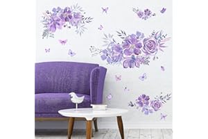 TRAZIEWELL Purple Wall Stickers for Bedrooms - Hanging Flower Vine Wall Stickers Boho Floral Leaves Peel and Stick Wall Art Decals for Living Room 1815