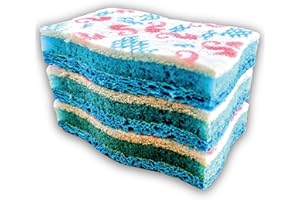 SQUATCH® SANITAIRE | Lot de 3 éponges de Salle de Bain | Pack économique | Abrasif pour récurage Doux | Cellulose pour Nettoyer, Couche synthétique Ultra moussante | Double Action & Ultra Absorbant